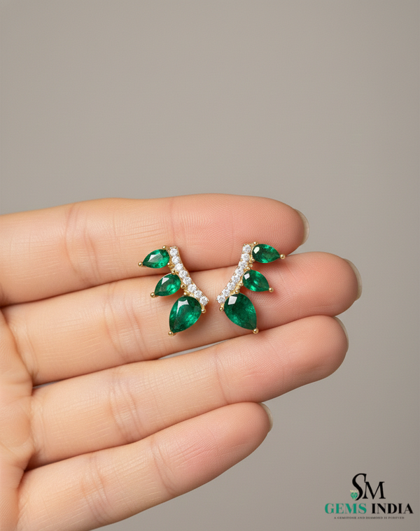 Pear Shape Emerald & Diamond Curved Bar Stud Earrings