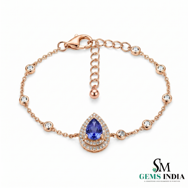 Natural Pear Tanzanite Bracelet with Diamond Halo Fine - Jewelry Gift for Her