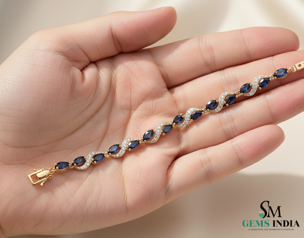Elegant Oval Blue Sapphire and Diamond Tennis Bracelet - Gift For her