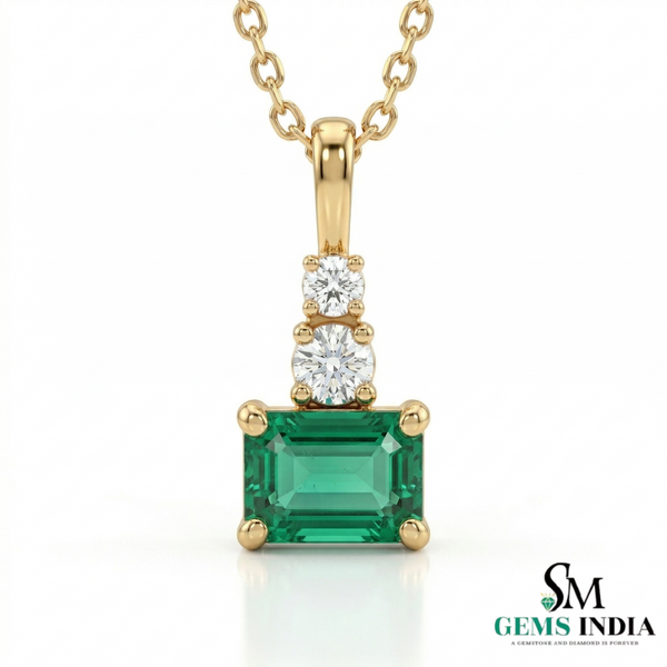 Emerald Cut Green Emerald Pendant with Double Round Diamond Accent