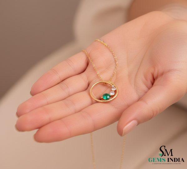 Round Green Natural Emerald Diamond Open Circle Pendant - Minimalist Fine Jewelry