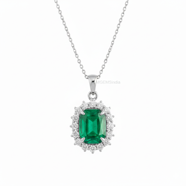 Natural Cushion Emerald Necklace in 14K Gold Diamond Halo Pendant for Her