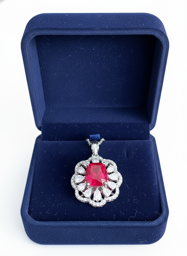 Cushion Cut Ruby & Diamond Floral Halo Pendant in 14k and 18k Gold