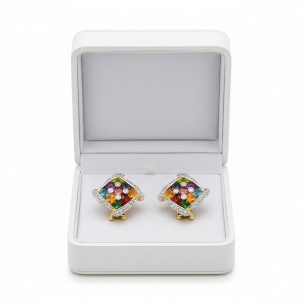 Multicolor Sapphire Cluster Earrings with Diamond Halo - Colorful gemstone earrings