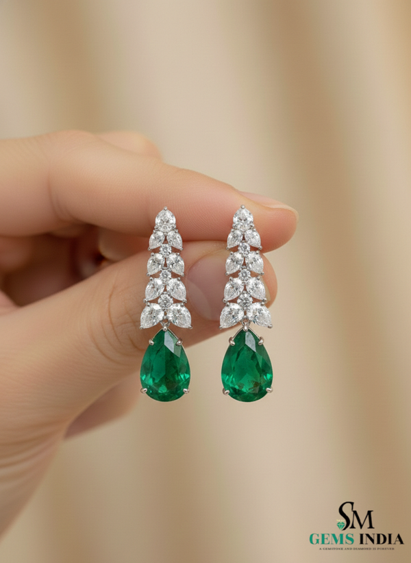 Pear Shape Emerald & Diamond Drop Earrings - Luxury Bridal Jewelry