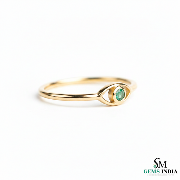 Delicate Natural Emerald Eye Symbol Fine Gold Band Ring - Minimalist emerald ring