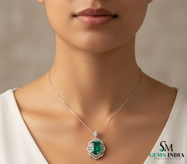 Emerald Cut Emerald Diamond Vintage Style Halo Pendant