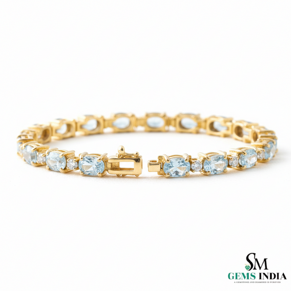 Oval Shape Aquamarine Tennis Bracelet in 14k and 18k Gold - Minimalist Gold Jewelry