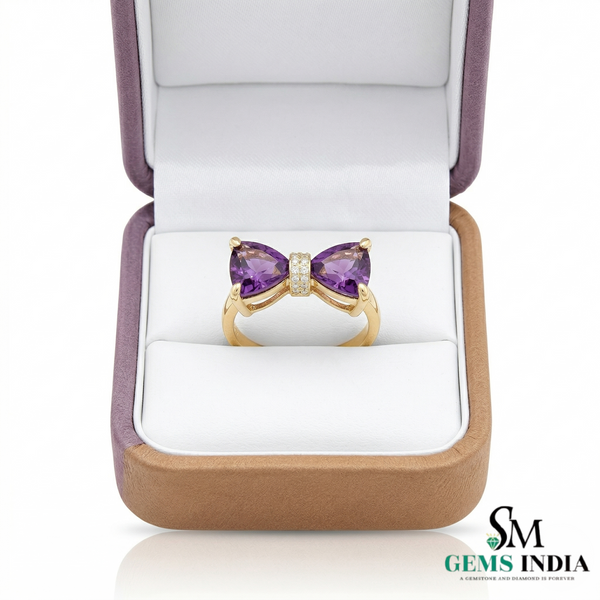 Double Trillion Cut Amethyst Bow Ring with Diamond Accent