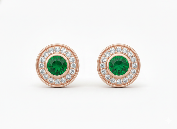 Round Natural Emerald & Diamond Halo Stud Earrings Fine White Gold Jewelry