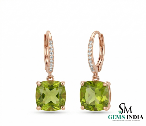 Cushion Cut Peridot Drop Earrings and Diamonds - Elegant Dangle Earrings for Women