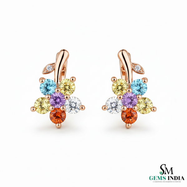 Multicolor Gemstone Flower Drop Earrings– Diamond Accent Floral Cluster Dangle Earrings for Women