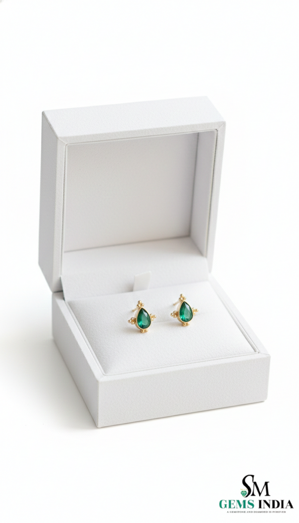 Pear Cut Emerald Stud Earrings – Teardrop Green Gemstone Minimalist Fine Jewelry for Women