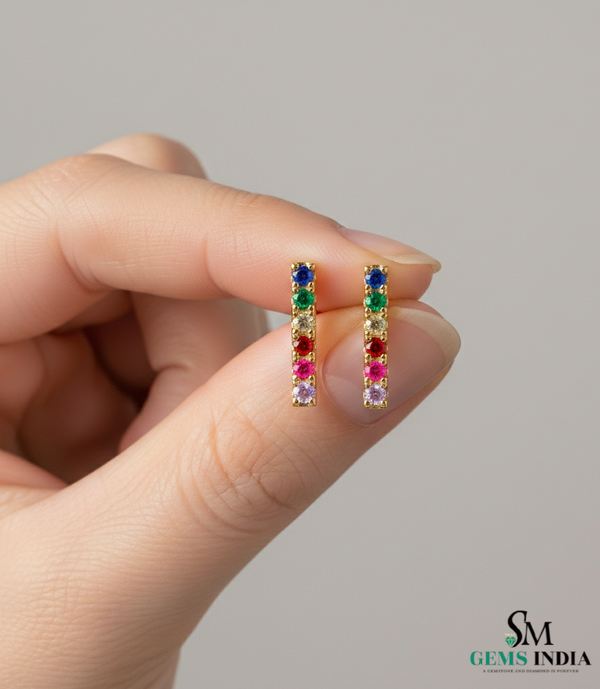Multi Sapphire Vertical Bar Stud Earrings - Minimalist gemstone studs