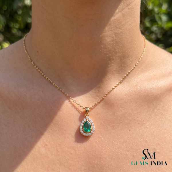 9.30 carat Vintage Inspired Pear Cut Natural Emerald Pendant Gold Diamond Accent Design