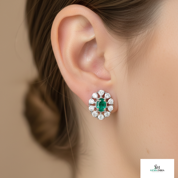 Oval Natural Emerald Stud Earrings 14k Gold Diamond Halo Earrings