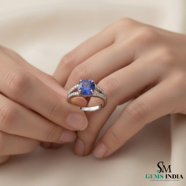 Round Blue Sapphire Diamond Split Shank Ring in 18k Gold
