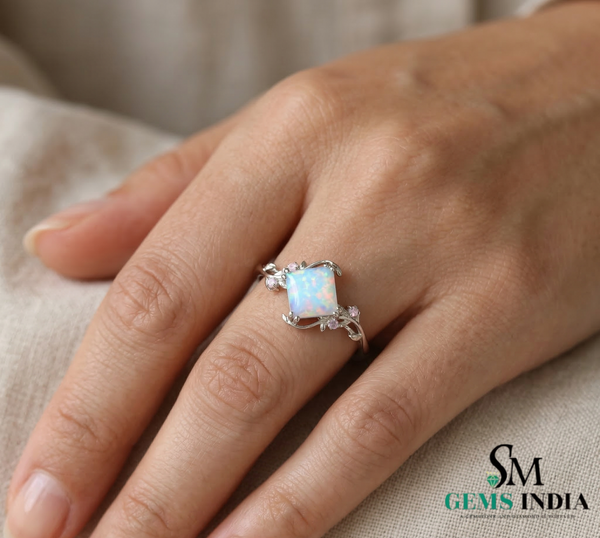 Octagon Cut Opal Ring with Floral Vine Design – Nature Inspired Yellow Gold Opal Ring