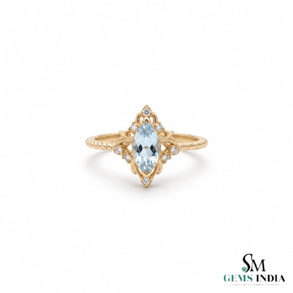 Marquise Aquamarine & Diamond Halo Ring - Promise Ring For Her