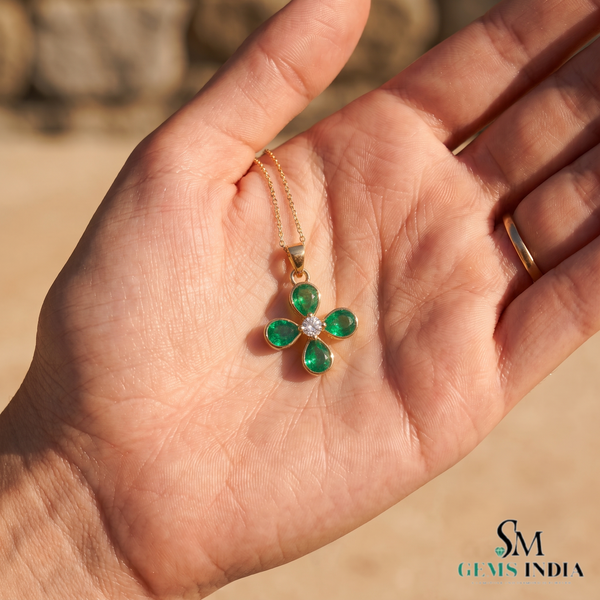 Pear shaped Natural Emerald and Diamond Four-Leaf Clover Pendant in 14K Gold Gift for her