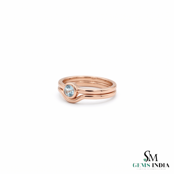 Round Aquamarine Gold Ring With Sculpted Double Band - Elegant Fine Jewelry Gift For Her
