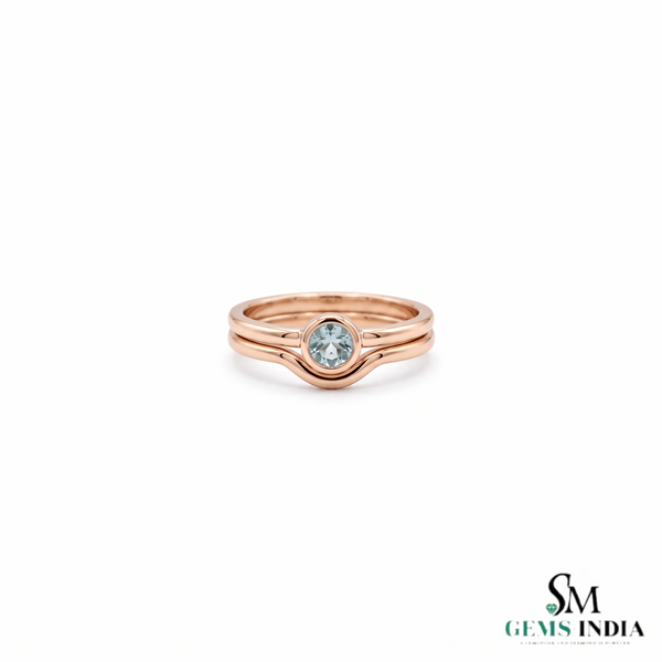 Round Aquamarine Gold Ring With Sculpted Double Band - Elegant Fine Jewelry Gift For Her
