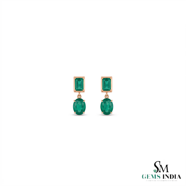 7.80 Ctw Dark Green Statement Large Zambian Emerald-Emerald Cut & Oval Cut Dangle Earrings 18K, Emerald Earrings, Oval Emerald Studs