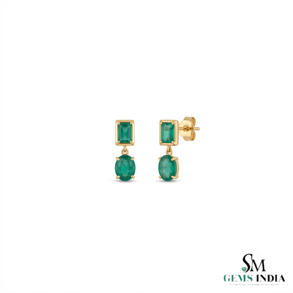 7.80 Ctw Dark Green Statement Large Zambian Emerald-Emerald Cut & Oval Cut Dangle Earrings 18K, Emerald Earrings, Oval Emerald Studs