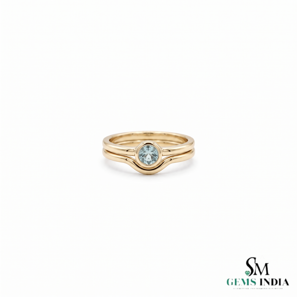 Round Aquamarine Gold Ring With Sculpted Double Band - Elegant Fine Jewelry Gift For Her