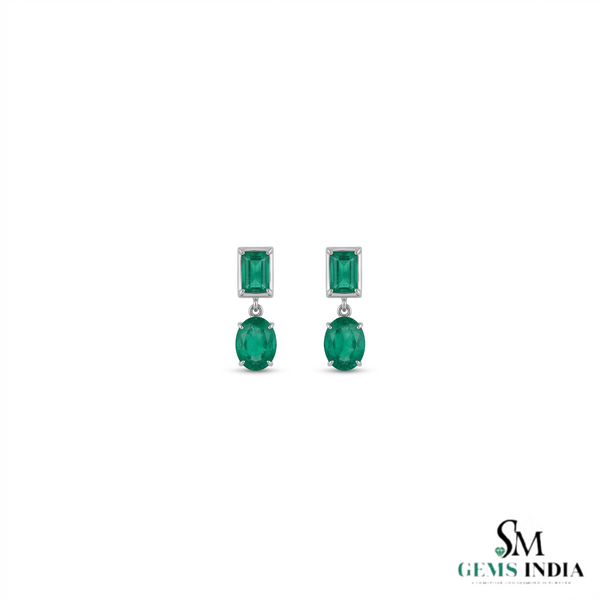 7.80 Ctw Dark Green Statement Large Zambian Emerald-Emerald Cut & Oval Cut Dangle Earrings 18K, Emerald Earrings, Oval Emerald Studs