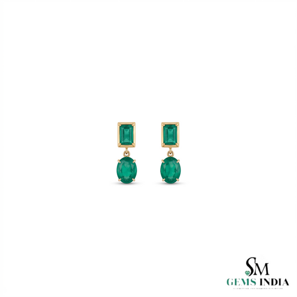 7.80 Ctw Dark Green Statement Large Zambian Emerald-Emerald Cut & Oval Cut Dangle Earrings 18K, Emerald Earrings, Oval Emerald Studs