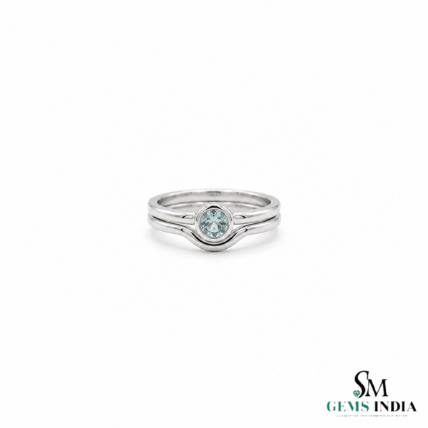 Round Aquamarine Gold Ring With Sculpted Double Band - Elegant Fine Jewelry Gift For Her