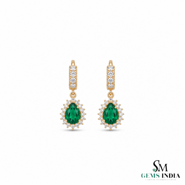 2.40 Carat Pear Shaped Natural Emerald Halo Earrings Fine Gold Drop Earrings for Women in 18k Gold