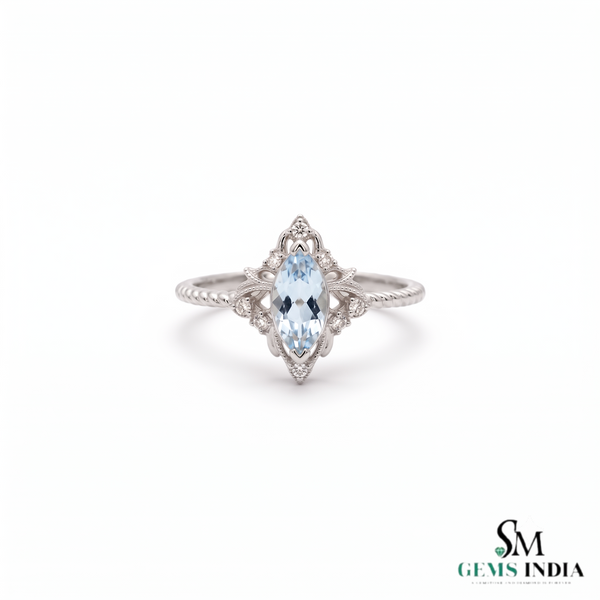 Marquise Aquamarine & Diamond Halo Ring - Promise Ring For Her