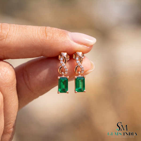 Emerald cut Natural Emerald and Diamond Twist Drop Earrings in 14K Gold Wedding Gift for her