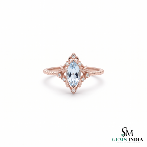 Marquise Aquamarine & Diamond Halo Ring - Promise Ring For Her