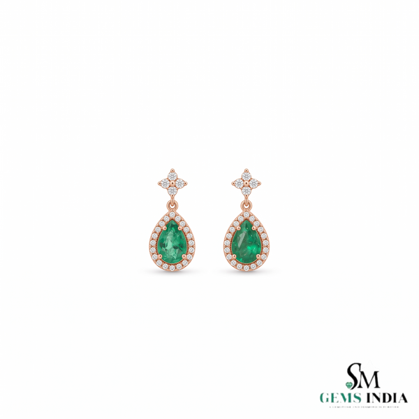 2.30 Carat Pear-Shaped Natural Emerald and Diamond Halo Drop Earrings in 18k Gold