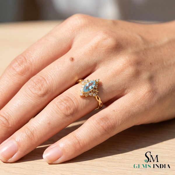 Marquise Aquamarine & Diamond Halo Ring - Promise Ring For Her
