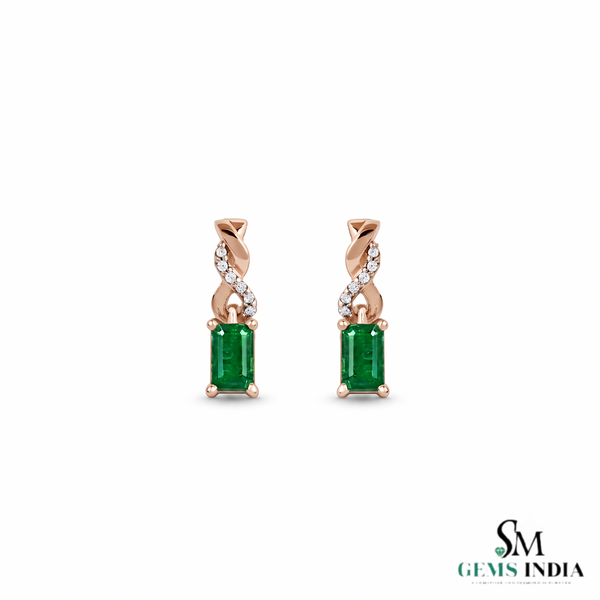 Emerald cut Natural Emerald and Diamond Twist Drop Earrings in 14K Gold Wedding Gift for her