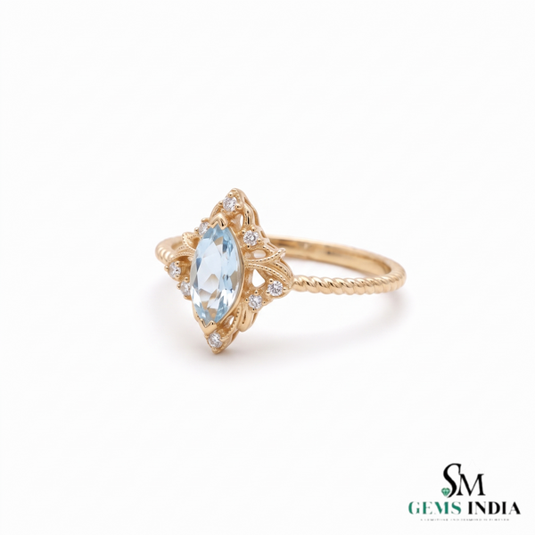 Marquise Aquamarine & Diamond Halo Ring - Promise Ring For Her