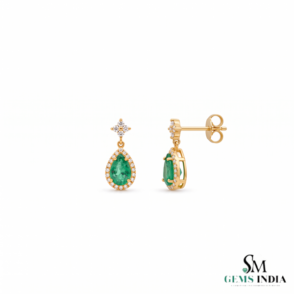 2.30 Carat Pear-Shaped Natural Emerald and Diamond Halo Drop Earrings in 18k Gold