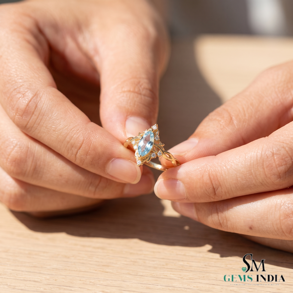 Marquise Aquamarine & Diamond Halo Ring - Promise Ring For Her