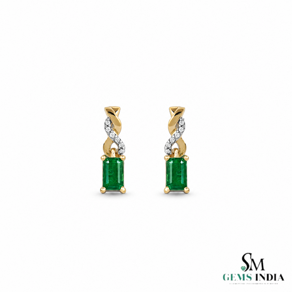 Emerald cut Natural Emerald and Diamond Twist Drop Earrings in 14K Gold Wedding Gift for her