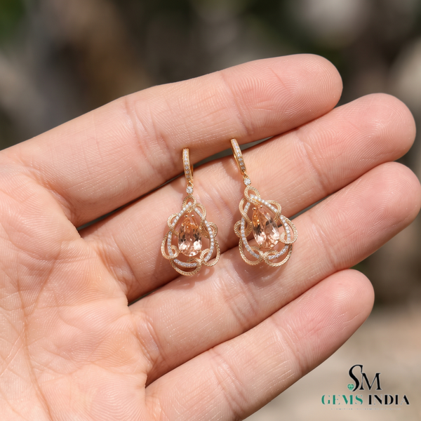 Pear Cut Morganite Drop Earrings with Diamond Accents - Gift For Her