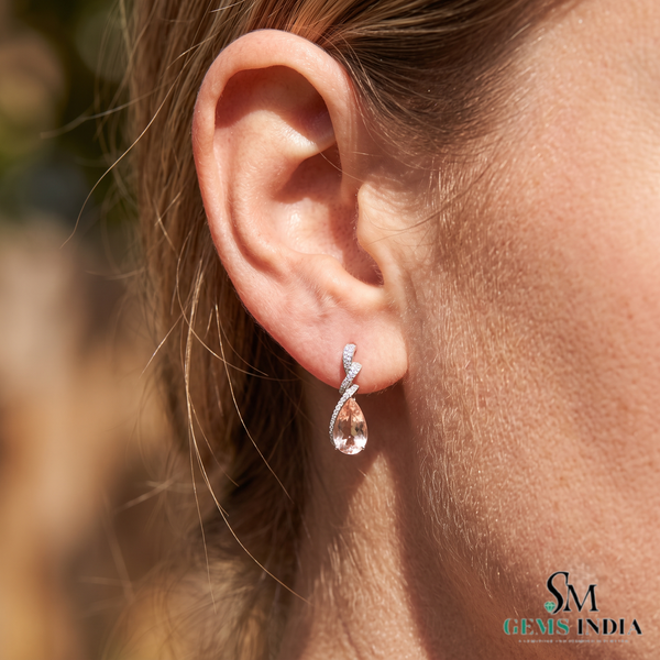 Natural Morganite Pear Cut Drop Earrings with Diamond Accents - Gemstone Jewelry Gift