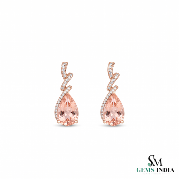 Natural Morganite Pear Cut Drop Earrings with Diamond Accents - Gemstone Jewelry Gift