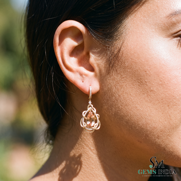 Pear Cut Morganite Drop Earrings with Diamond Accents - Gift For Her