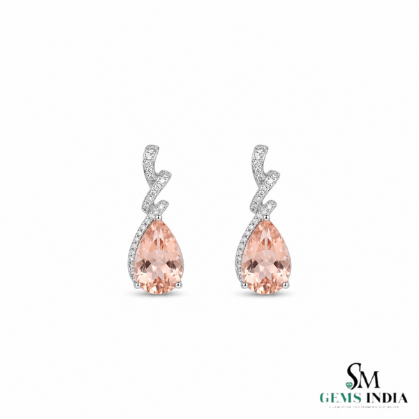 Natural Morganite Pear Cut Drop Earrings with Diamond Accents - Gemstone Jewelry Gift