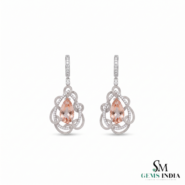 Pear Cut Morganite Drop Earrings with Diamond Accents - Gift For Her