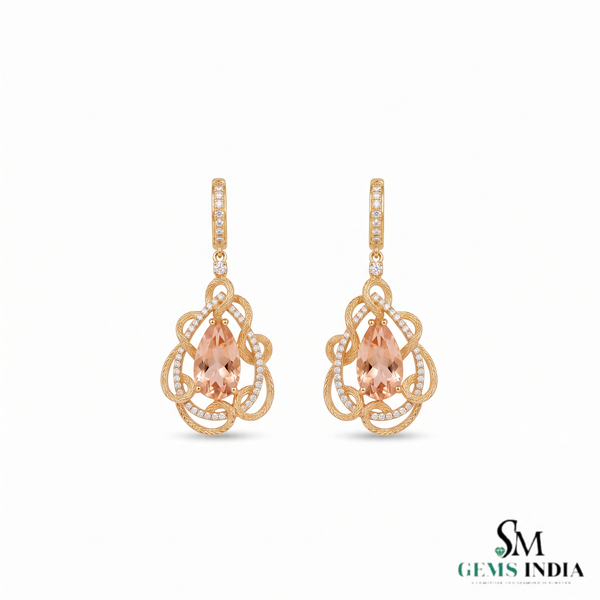 Pear Cut Morganite Drop Earrings with Diamond Accents - Gift For Her
